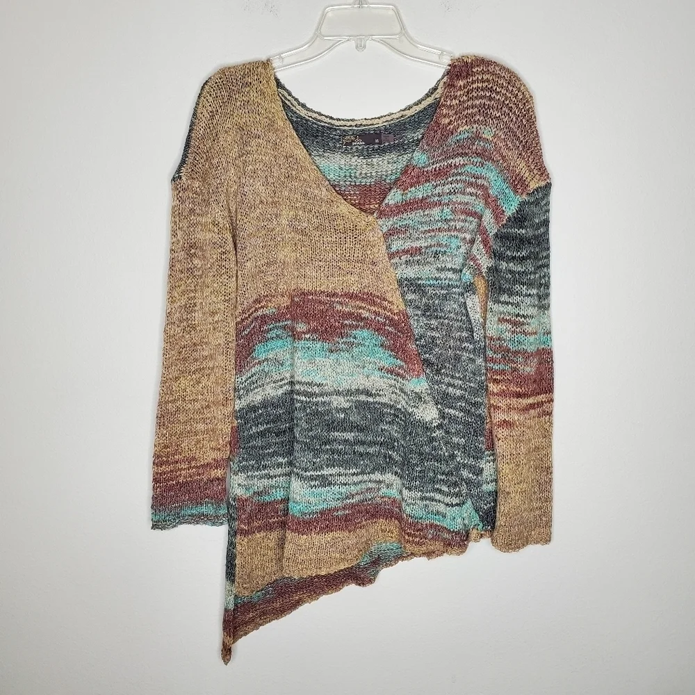 Prana Vignette Multicolored V Neck Wrap Open Knit Asymmetrical Sweater